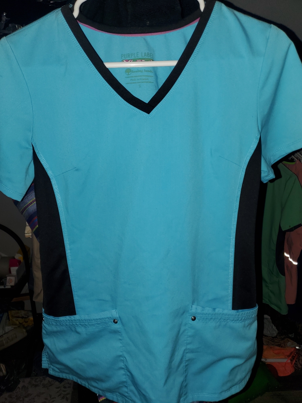 V-Neck Scrub Top in Aqua and Black Purple Label Yoga Size S